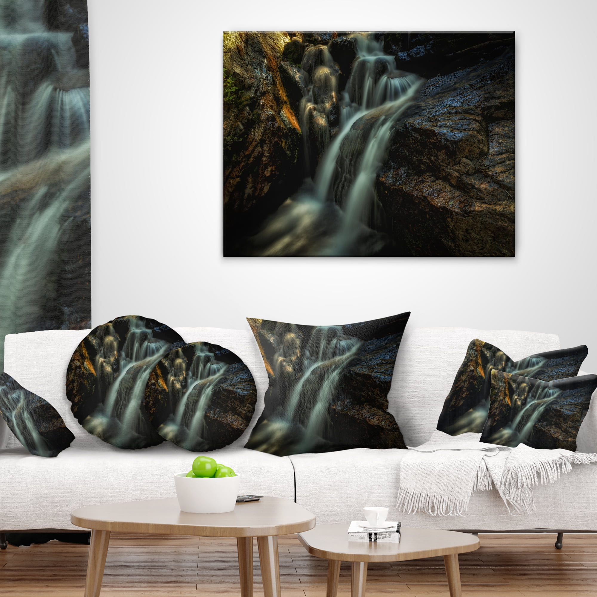 Designart Slow Motion Waterfall in Summer - Landscape Printed Throw Pillow - 16x16