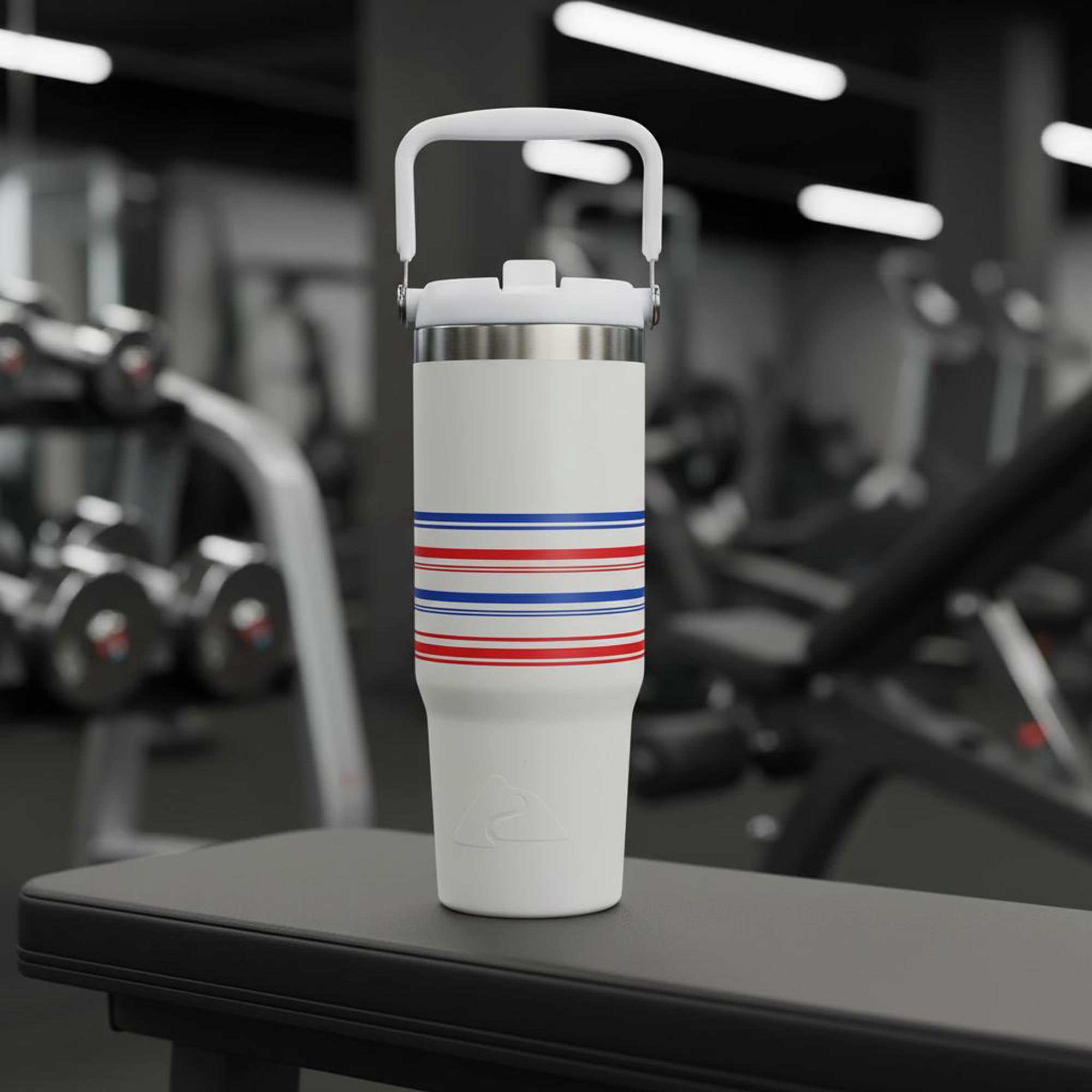 Ozark Trail 30 oz Stainless Steel Insulated Swivel Tumbler, White with Red and Blue Stripes