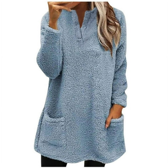 IROINNID Fall Shirts for Women Long Sleeve Winter Thermal Pullover Sweatshirt Loose Fit Solid Warm Tops with Pockets,Blue