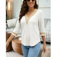 thumbnail image 3 of Women's Casual 3/4 Sleeve Shirts Lace V Neck Color Block Dressy Tops Trendy Hollow Floral Blouses T Shirts S-XXL, 3 of 13
