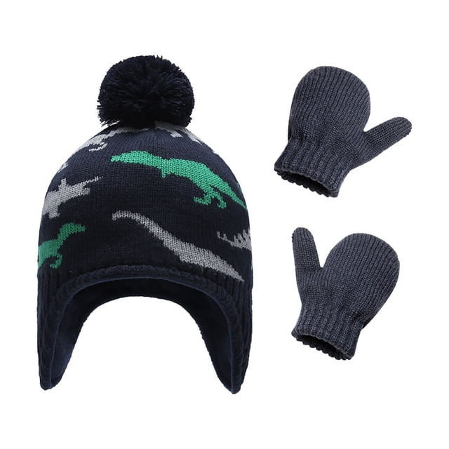 Minnieouse Sombrero Guantes Kit Diseño de orejeras Manoplas de punto para niños con patrones de dinosaurios Animal Accesorios de invierno Regalo de Año Sombreros Pasto verde S 1-2 ans Minnieouse AP009413-16B