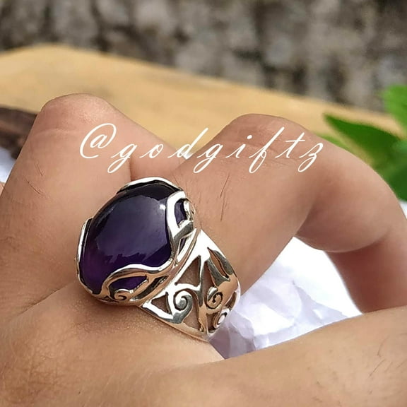 Genuine Amethyst Ring | 925 Sterling Silver Oval Cabochon Gemstone | Handmade Boho Chic Statement Ring