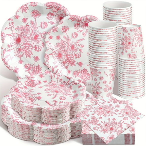 250-Pack Pink Floral Disposable Plates & Napkins Set for 50 Guests, Paper Plates Napkins Cups for Wedding Bridal Shower Party