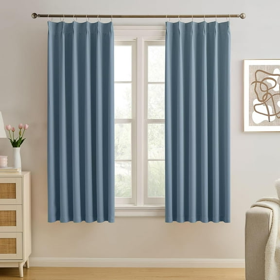 Dusty Slate Blue Blackout Curtains for Small Window, Pinch Pleat with Hooks, Room Darkening Block Out Bedroom Curtain 2 Panels,40 by 45 Inch