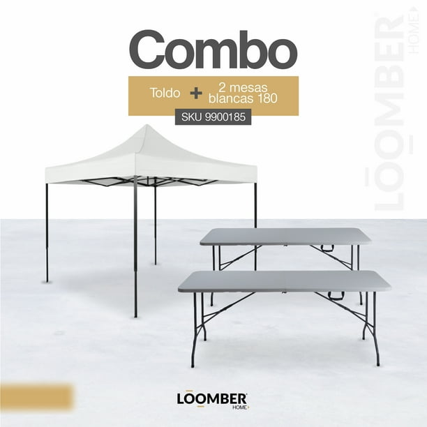 Combo Toldo Padua Blanco Impermeable 3x3 con Dos Mesas Plegables Blancas 1.8 metros Tipo Portafolio LOOMBER
