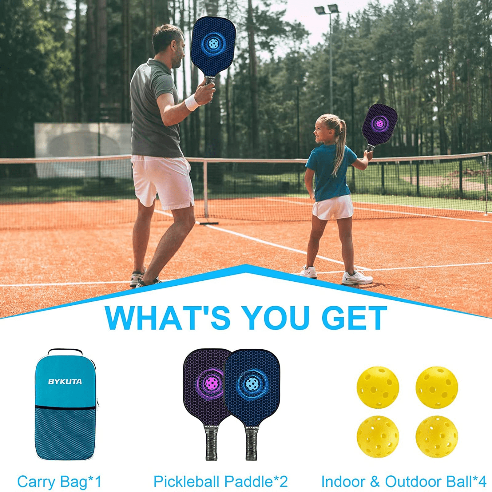 BYKUTA Pickleball Paddles Set of 2 with 4 Balls & Carry Case - Lightweight Fiberglass PP Honeycomb Core Pickleball Racket