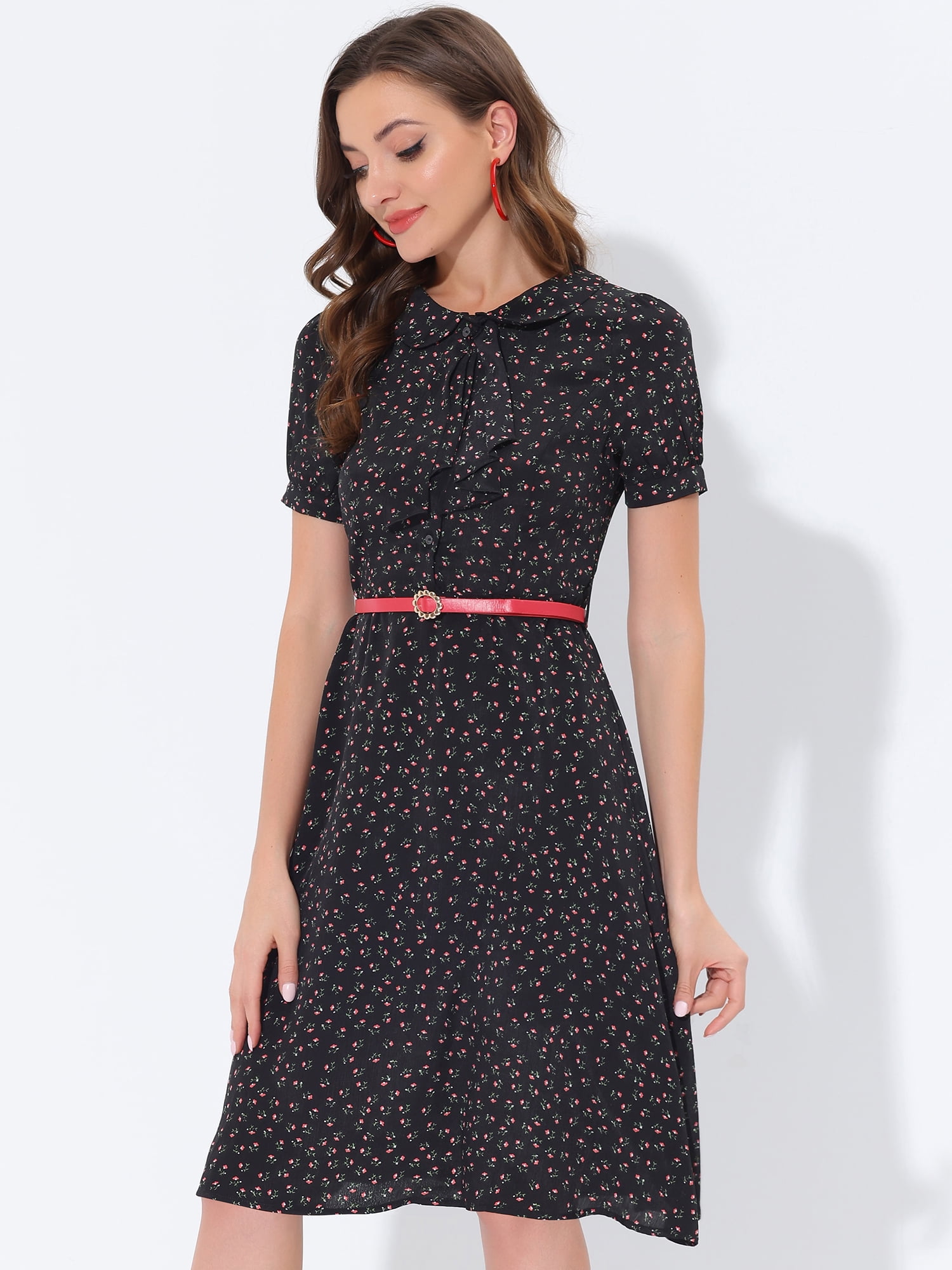 DARING DIVA Peter Pan Collar Tie Neck Elegant Floral Dress with Belt M Black