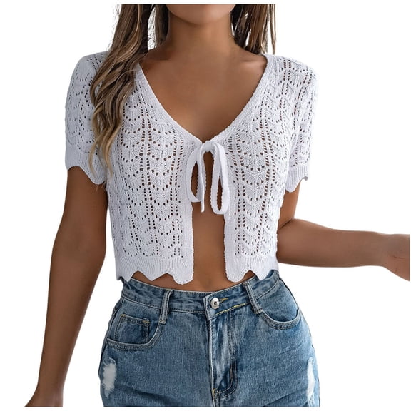 Ediodpoh Summer Lace up Hollowed Out Short Sleeved Knitted Cardigan for Women Navel Sun Shirt White M