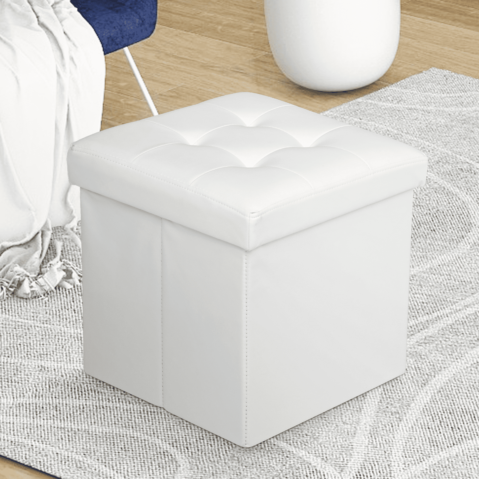 MoNiBloom 15" Cube Collapsible Ottoman with Storage, PU Leather Storage Ottoman Footrest, for Living Room Bedroom Entryway, Brown