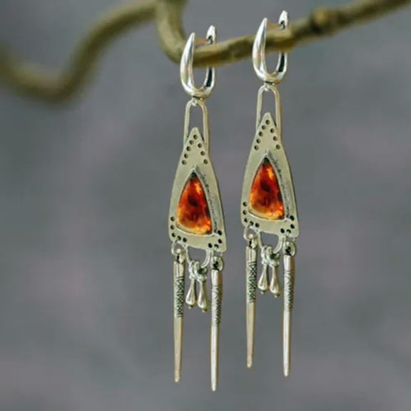 HOOUN Women Tribal Orange Stone Dangle Earrings Silver Pendulum Earrings Boho Jewelry-1#