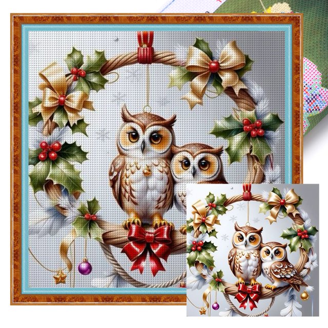 Hilo Algodón Ecológico Bordado Punto Cruz Búho Navideño Impreso 11CT 40x40cm