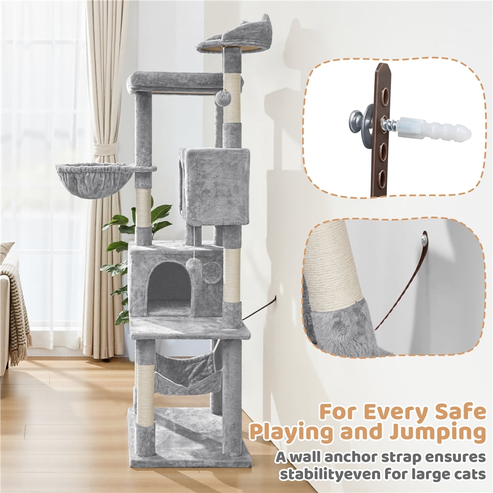 Yaheetech 73in Multilevel Large Cat Tree with Condos & Basket & Hammock, Light Gray