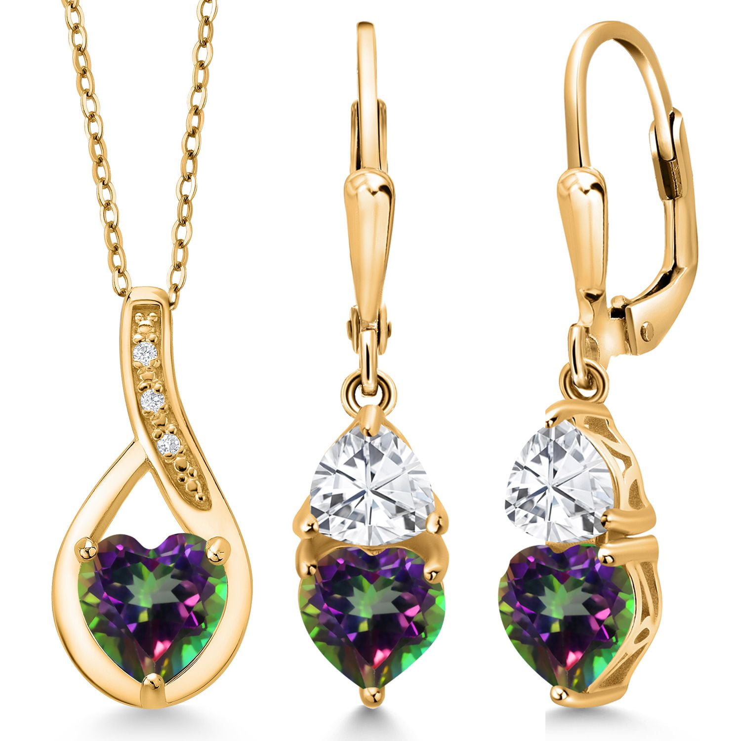 Gem Stone King 18K Yellow Gold Plated Silver Green Mystic Topaz Pendant Earrings Set for Women (4.94 Cttw, Gemstone Birthstone, with 18 inch Chain)