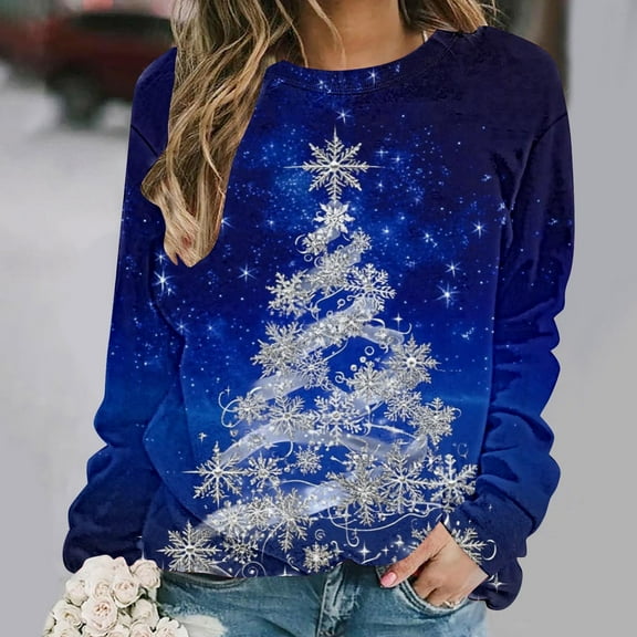 Ounisa Womens Crewneck Long Sleeve Sweatshirt Fall Winter Fashion Pullover Tops Casual Christmas Tree Lights Santa Claus Gifts Graphic Sweater Clothes Cute Trendy Work Outfits 2025