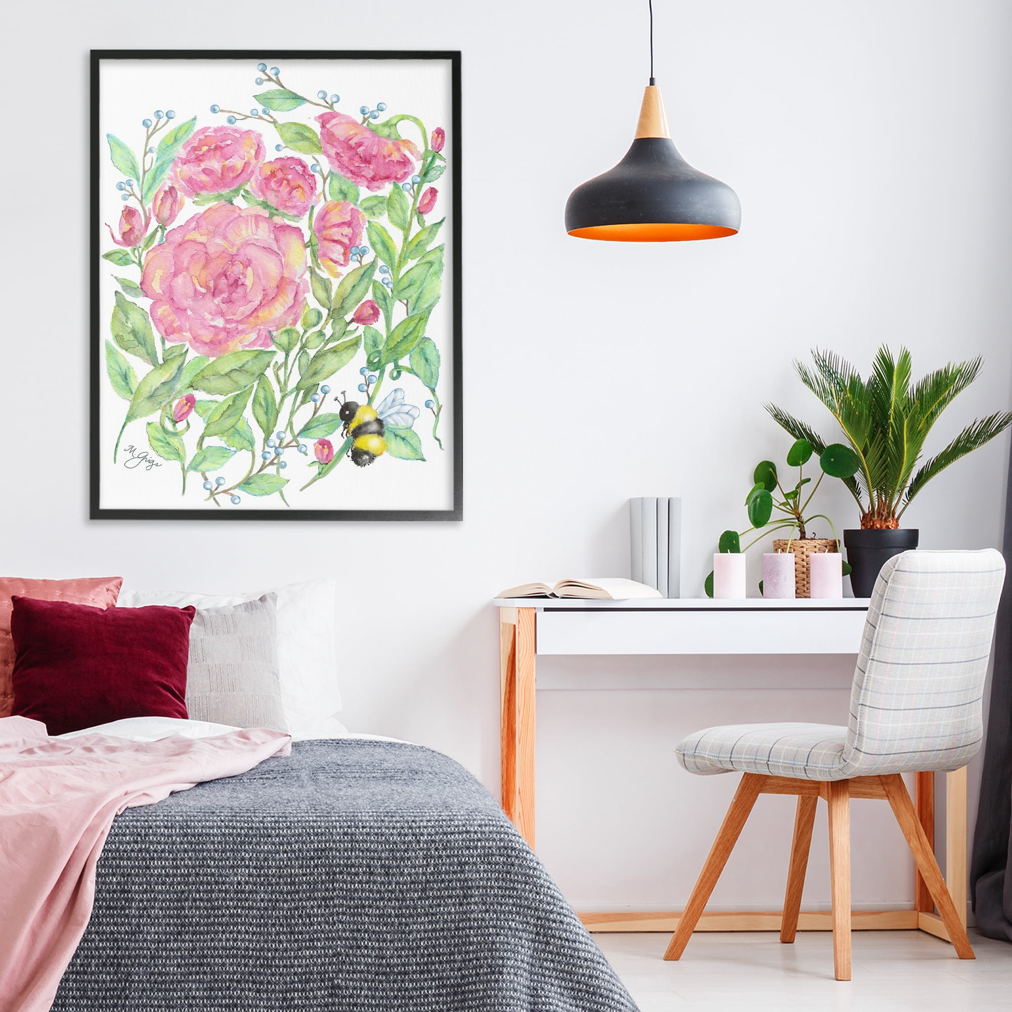 Stupell Industries Peony & Bumble Bee Black Framed Giclee Art, design by Maureen Grigs