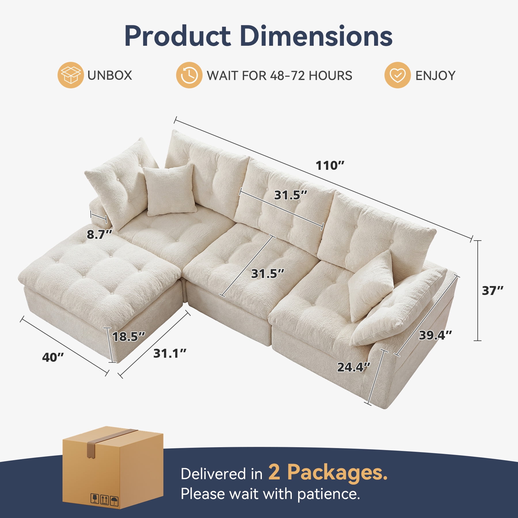 LazySunsets 112" Oversized Modular Sectional L Shaped Sofa, Wide & Deep Seat Boneless Cloud Couch With Multi-Purpose Round Pillow, No Assembly (White)