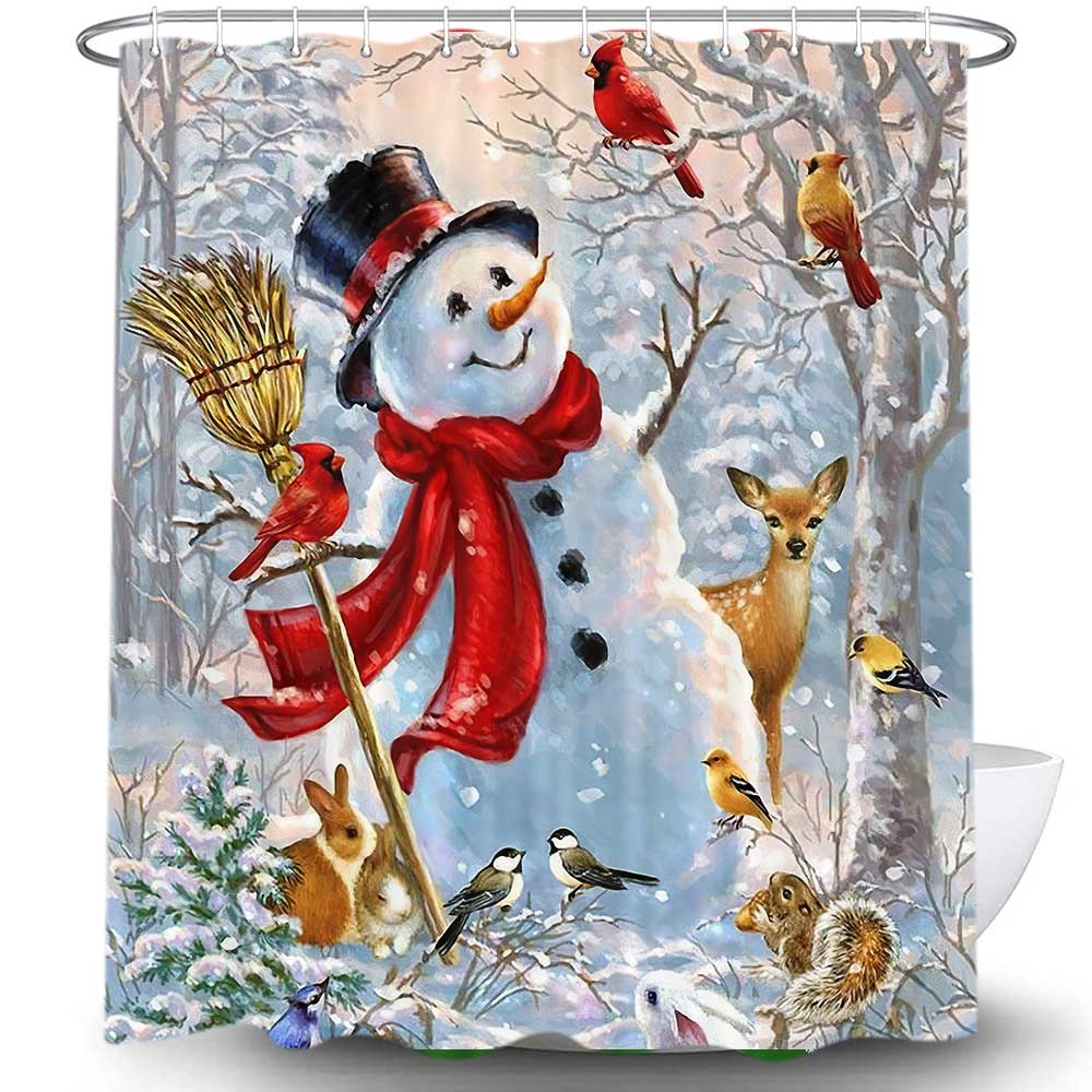 Christmas Cute Snowman Shower Curtain, Cardinals Deer Rabbit Birds