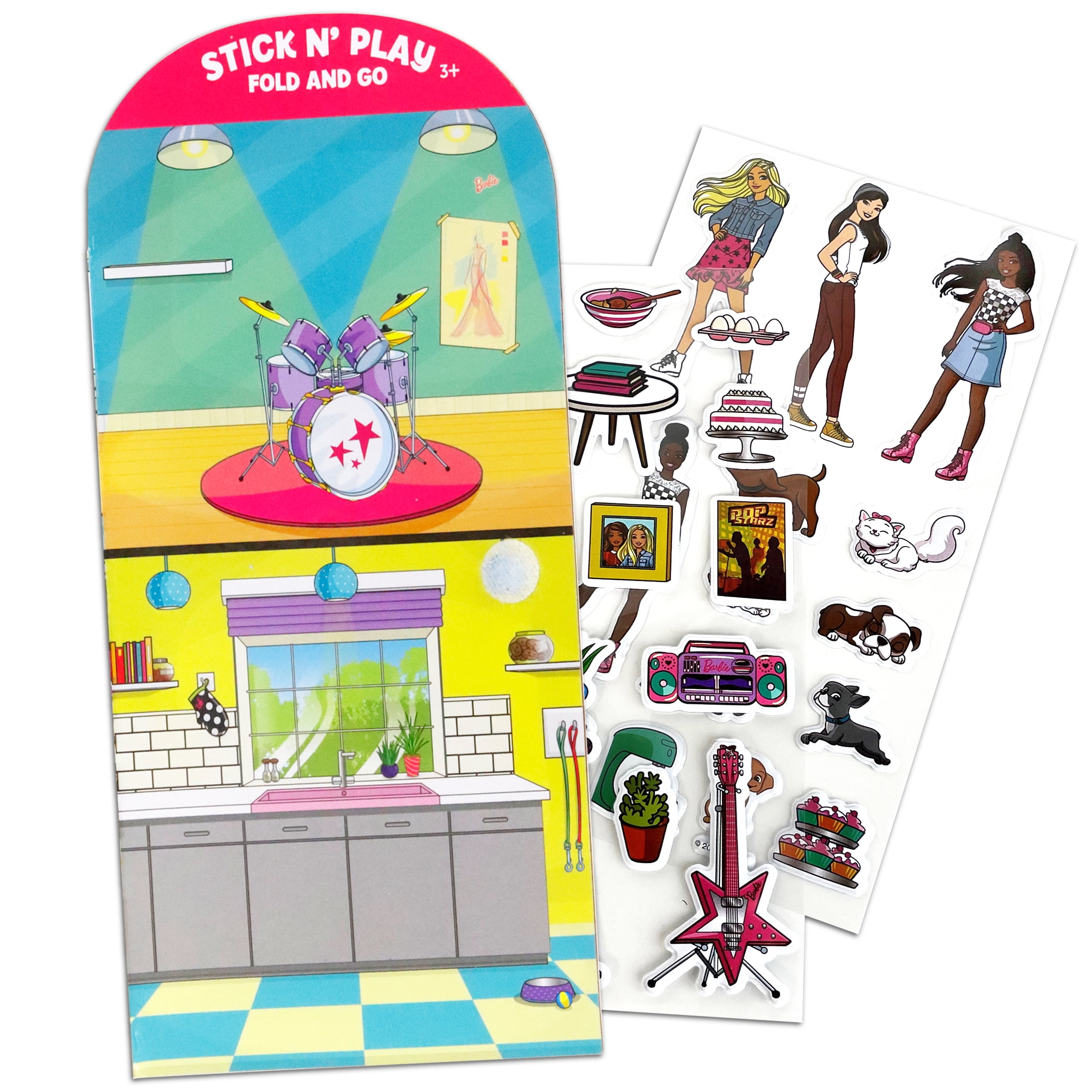 Barbie Stick and Play, Fold and go with 25 Multicolor Repositionable Puffy Stickers, for Female Ages 3+