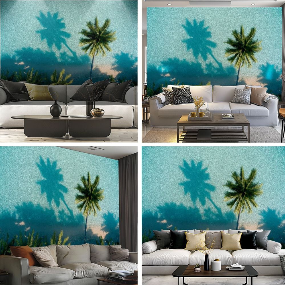 Peel and Stick Wallpaper Summer palm tree Tropical beach waves coconut palm shadow blue Modern Art Wall Mural Decor Self Adhesive and Removable 69in x 98in