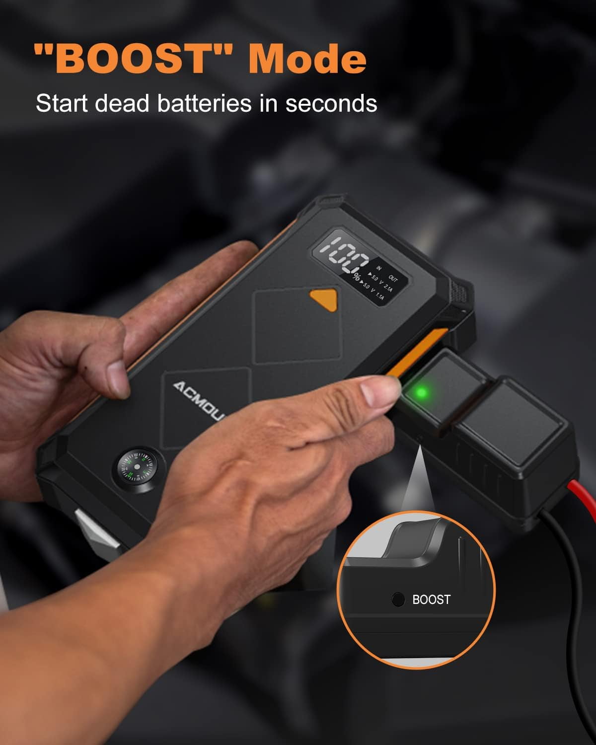 Acmount 3000A Portable 12V Car Battery Booster Jump Starter with Jump Leads, LED Flashlight, USB C for 10L Gas and 8L Diesel Engines