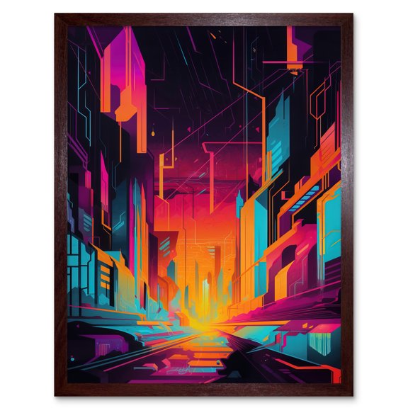 Neon Light Colour Abstract Metropolis Cityscape Sunrise Modern Artwork Art Print Framed Poster Wall Decor 12x16 inch
