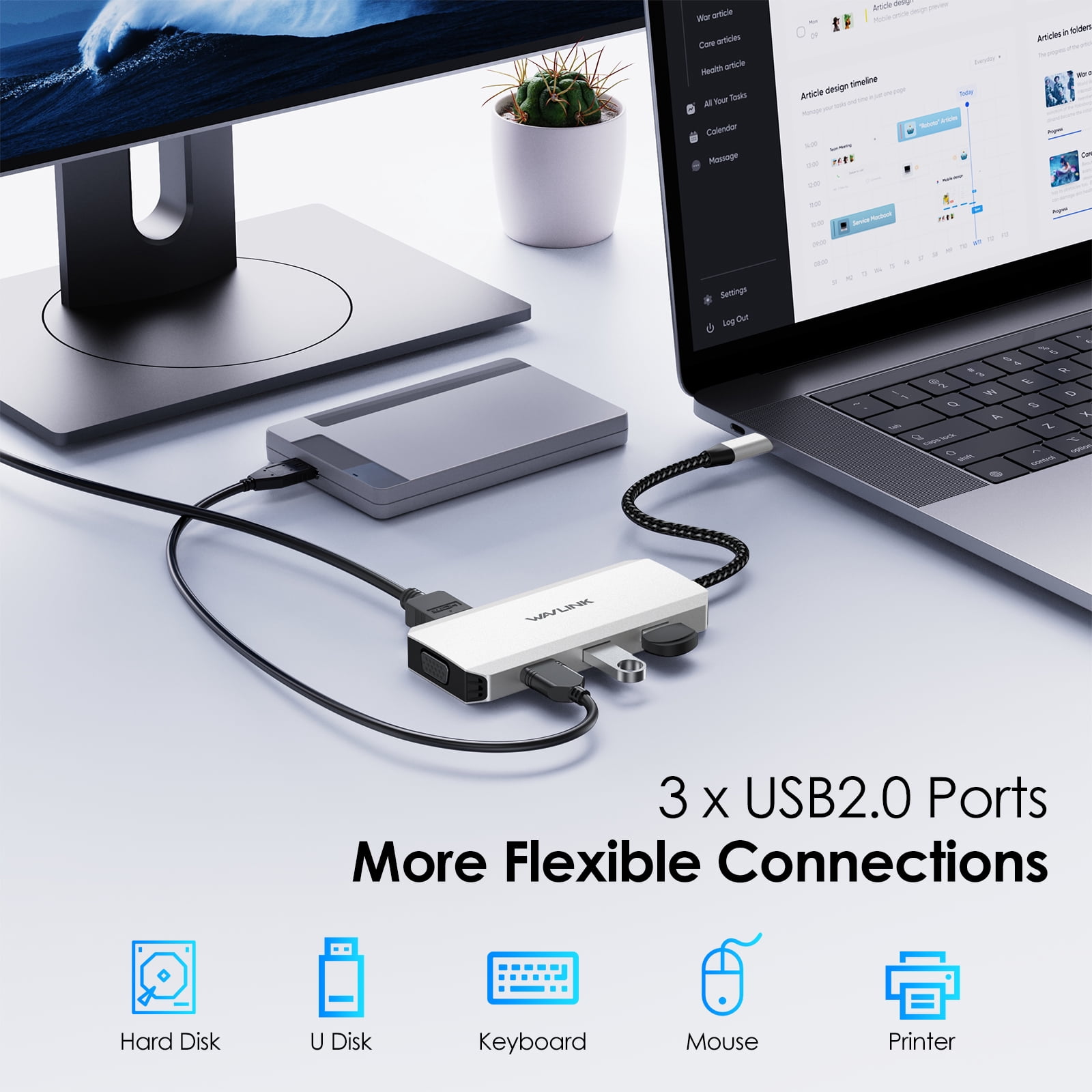 WAVLINK USB C Laptop Docking Station Quad Monitor, 7-IN-1 Multiport Adapter with dual 4K HDMI, 4K DP, VGA, 3xUSB2.0, For Dell/HP/Lenovo/Thinkpad, Compatible with Mac/Windows/Chrome OS/Linux/Android