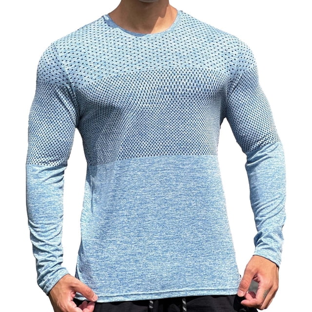 WTXUE Base Layers Long Sleeve, Crew Neck Mesh Breathable Sweat Pullover Base Shirt Running Basketball Outdoor Train Activewear for Men Blue XL