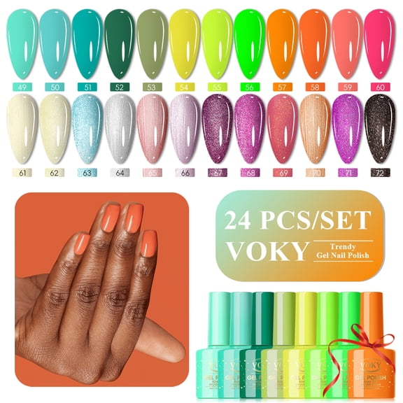 VOKY 24 Colors Gel Nail Polish Set, Summer Solid & Glitter UV LED Soak Off Nail Gel Kit for Salon DIY Manicure 7.5ml Each