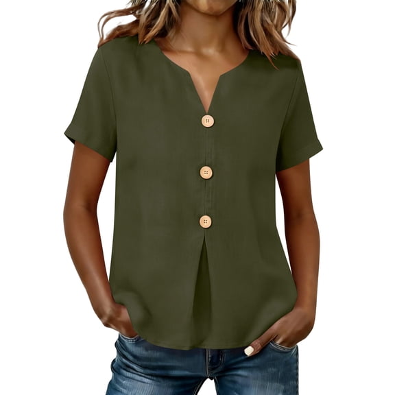 MaFYtyTPR Women Summer V-Neck Shirts Solid Color Cotton Linen Fashionable Button Loose Comfortable Tops A-Army Green L