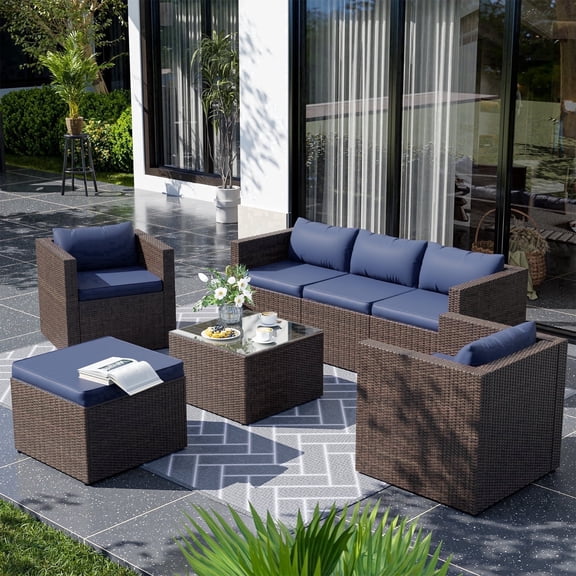 AMOPATIO 7-Piece Patio Furniture Set, Outdoor Patio Sectional Furniture All-Weather Rattan Wicker Patio Conversation Set Outdoor Furniture for Backyard Balcony,Blue