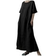 thumbnail image 1 of Vestido largo de lino para mujer talla grande - Cintura con cordón, abertura, manga corta, informal, 1 of 6