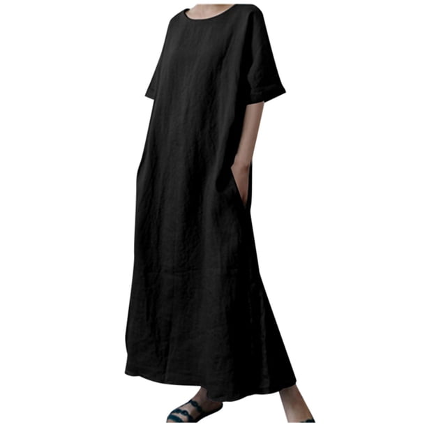 Vestido largo de lino para mujer talla grande - Cintura con cordón, abertura, manga corta, informal