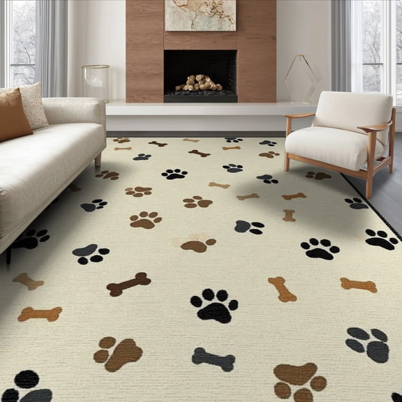 ODIKA 8'x10' Washable Area Rug Print Paws Scattered Prints Bones Track Themed Alfombra Para for Living Room, Under Sectional, Family , Durable, Non-Slip