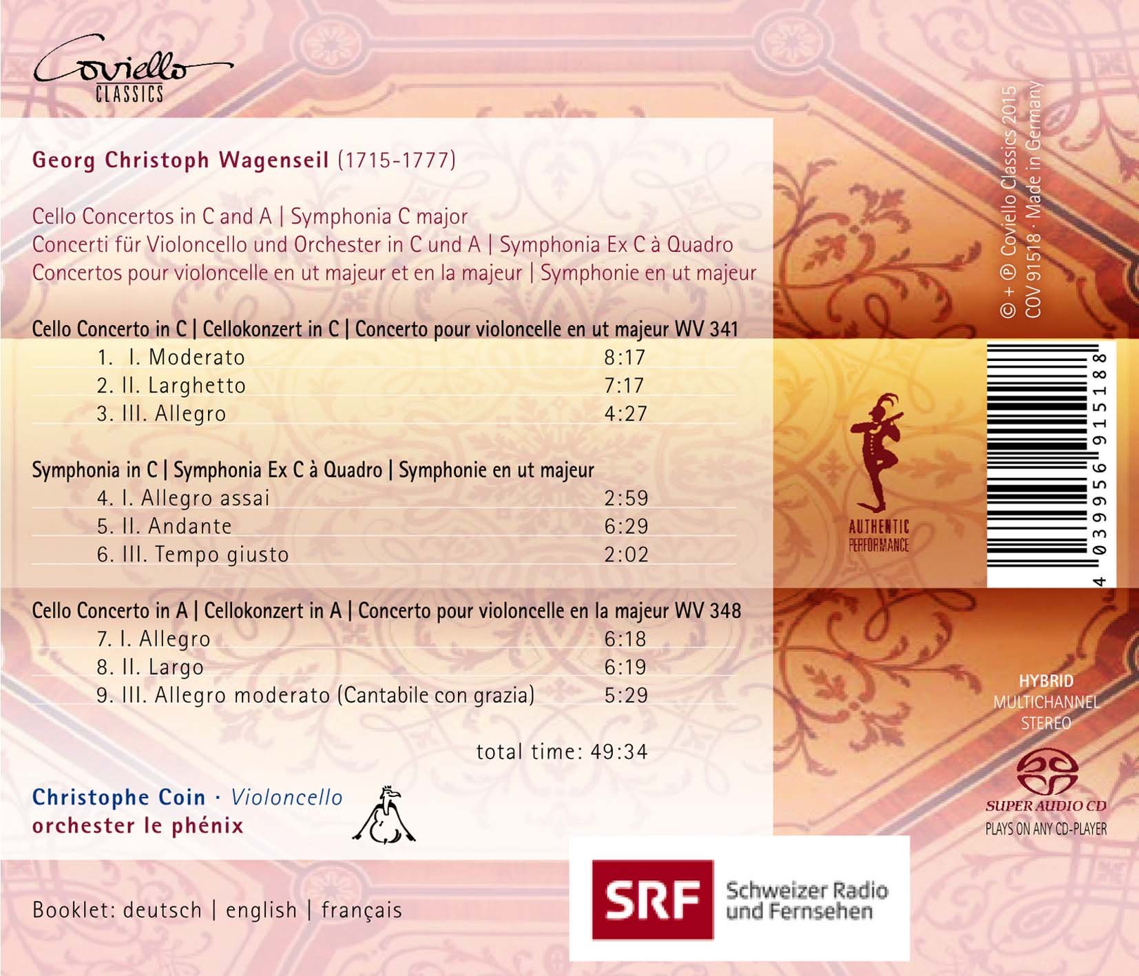 Wagenseil / Coin / Orchestra Le Phenix - Wagenseil: Cello Concertos & Symphonia - Music & Performance - SACD