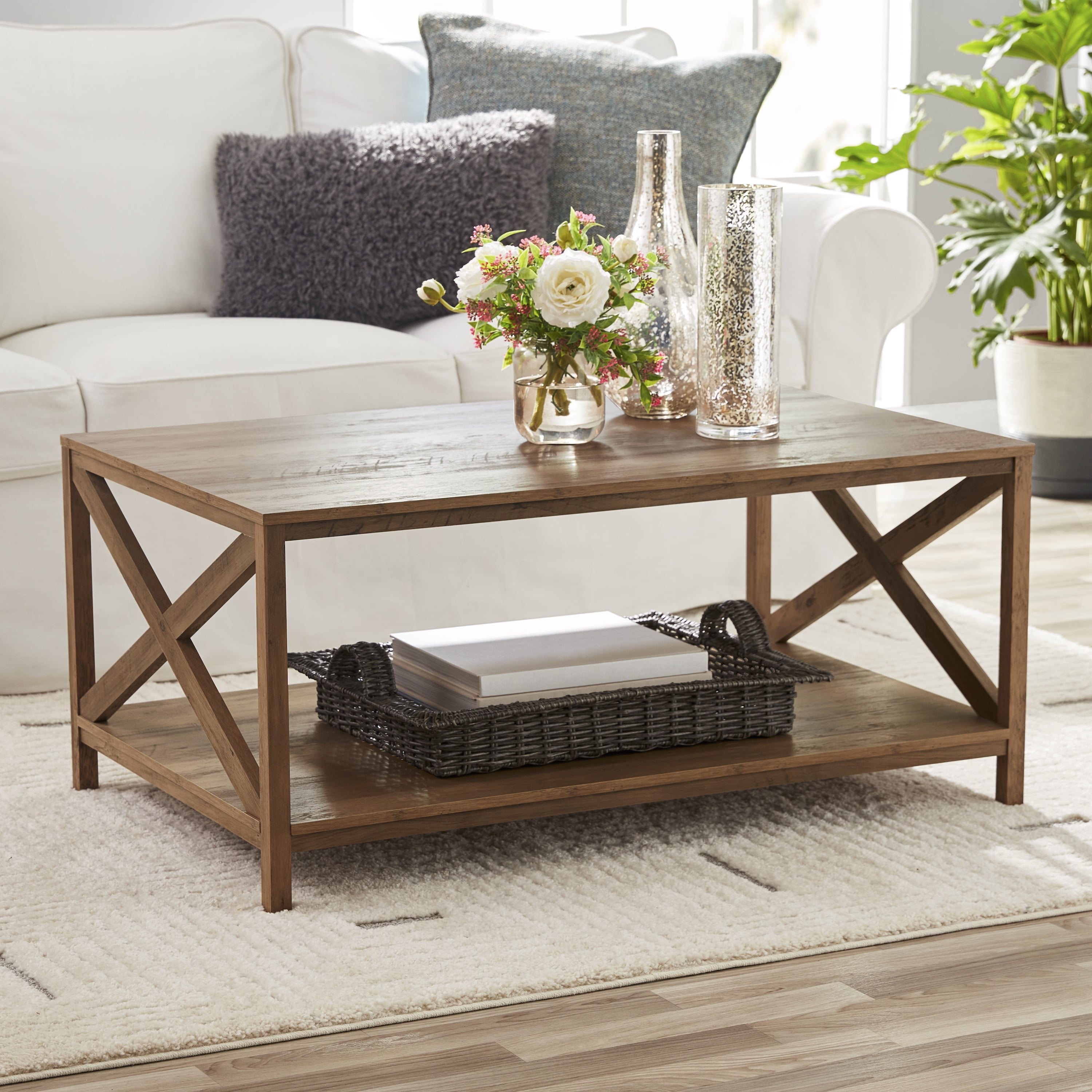 Mainstays Farmhouse X Design Rectangle Coffee Table with Storage, Rustic Weathered Oak