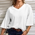 thumbnail image 2 of 2023 Womens Summer 3/4 Bell Sleeve V Neck Tops Casual Solid Tops and Blouses Loose Lightweight Shirts Tunic S-XXL, 2 of 6