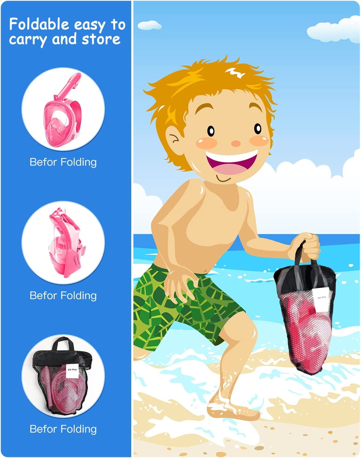 Gintenco Full Face Snorkeling Mask, kids Dive Mask with Innovative Leakage Protection System, 180 Panoramic Snorkeling Gear with Removable Camera Mount Pink