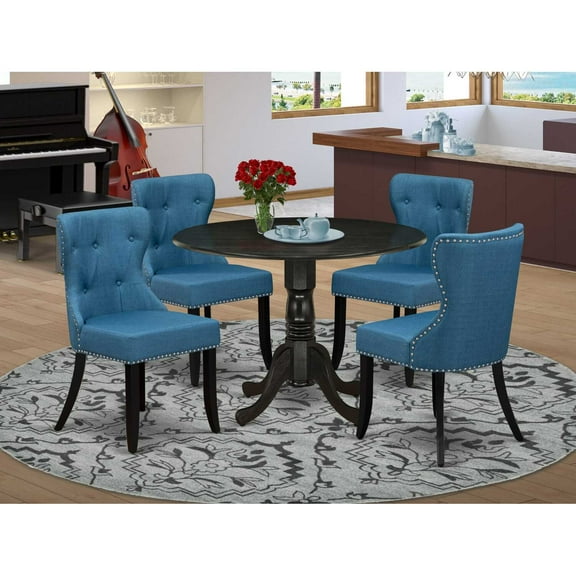 East West Furniture East-West Furniture DLSI5-ABK-21 - A dining room table set of 4 wonderful kitchen chairs using Linen Fabric Mineral Blue color and a beautiful wood pedestal kitchen table using...