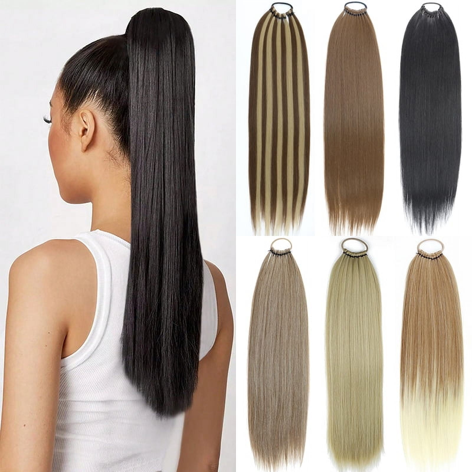 Synthetic Long Straight Ponytail Hair Extensions With Elastic Hair Band 24Inch Heat Resistant Pony Hairpiece For Women Daily Use