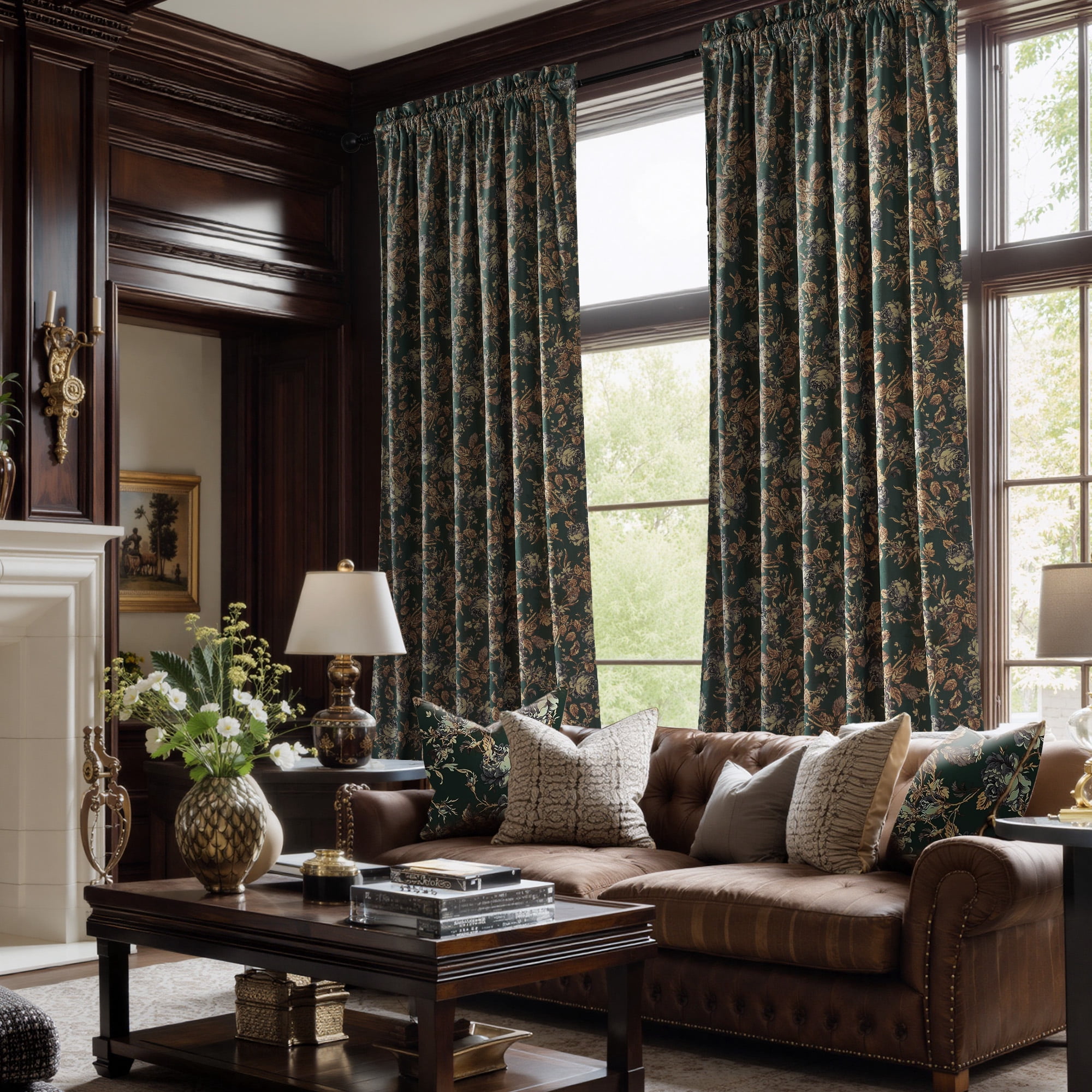 NICETOWN Velvet Blackout Curtains, Vintage Print Luxury Room Darkening Rod Pocket Thermal Insulated Window Drapes for Home Office, Green, 52"x 96", 2 Panels