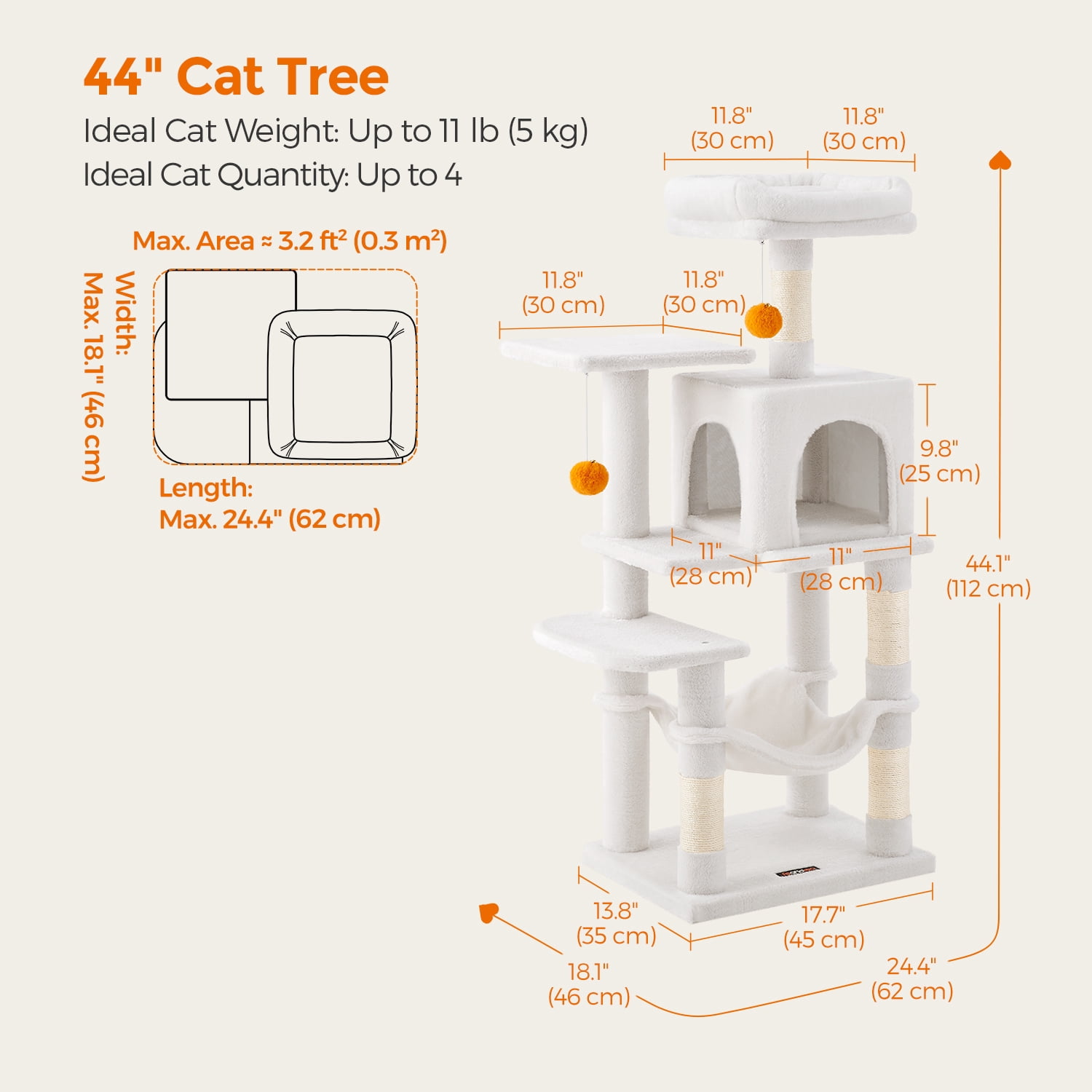 LEDREM 44.1-Inch Multi-Level Cat Tree with 4 Scratching Posts & Hammock - Cat Tower with 2 Perches & Cave for Indoor Cats, Cream White