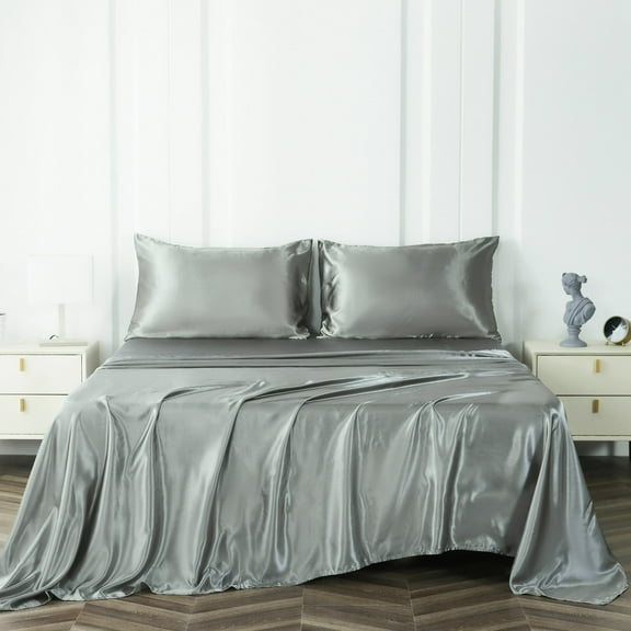 NTBED Satin Sheets King Gray Luxury Silky Bed Sheets 1800 Microfiber Sheet Set 4 Pcs