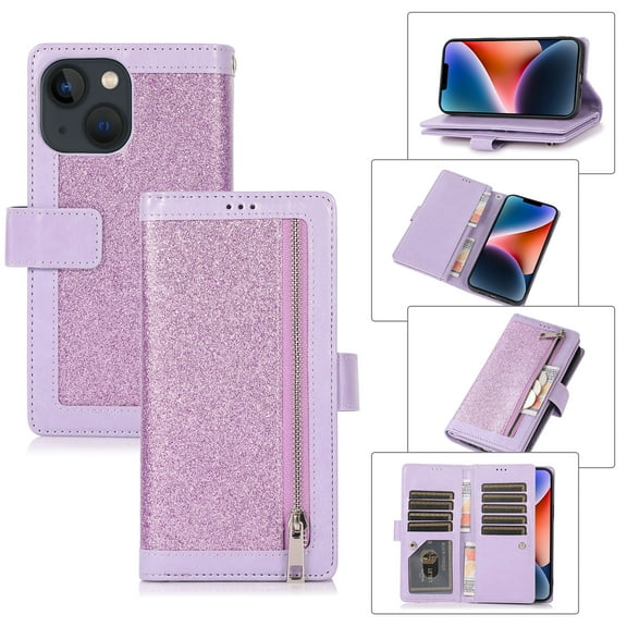 SaniMore for iPhone 14 Plus Wallet Case, Glitter PU Leather for Girls Women Zipper Purse Card Slots Cash Pocket Hand Rope Flip Kickstand Shockproof TPU Inner Magnetic Clasp Protective Shell, Purple