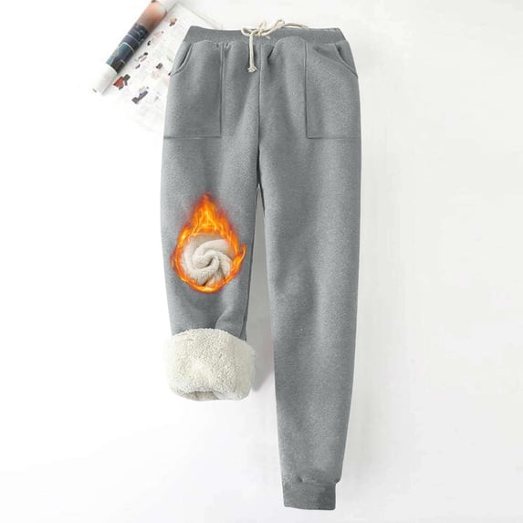 Zpanxa Women's Plus Size Fleece Lined Sweatpants Solid Color Thermal Elastic Waist Pocket Cuffed Ankle Winter Warm Lounge Pants