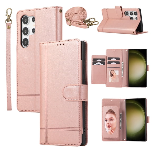 TECH CIRCLE Wallet Case For Galaxy S24,Magnetic Flip Folio Stand Purse Case with Shoulder Wrist Strap Card Holder Cover Hidden Mirror Protective Cover for Samsung Galaxy S24 6.1" 2024,Rosegold