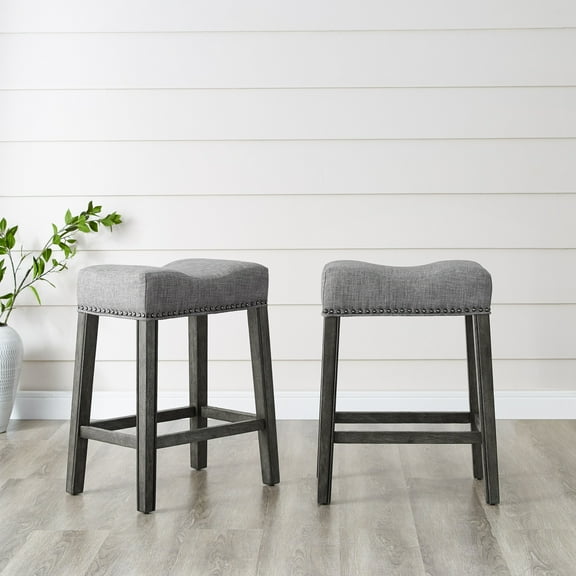 Roundhill Furniture CoCo 25.5" Counter Height Saddle Stool, Gray Fabric, Solid Rubberwood, Set of 2