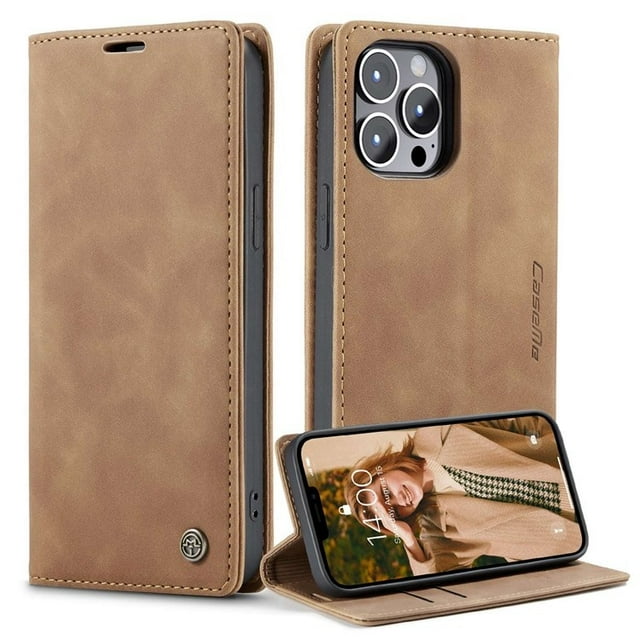 CaseMe for iPhone 14 Pro, Wallet Case Soft PU Leather Flip Case Magnetic Stand Flip Protective Cover Leather Case with ID & Credit Card Slots Holder Case-Coffee