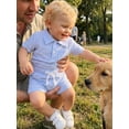 thumbnail image 5 of BemeyourBBs Newborn Baby Boy Summer Clothes Cute Infant Baby Boys 2 Pieces Outfit Short Sleeve Lapel Neck Striped Print Romper and Elastic Waist Pockets Shorts Set, 5 of 9