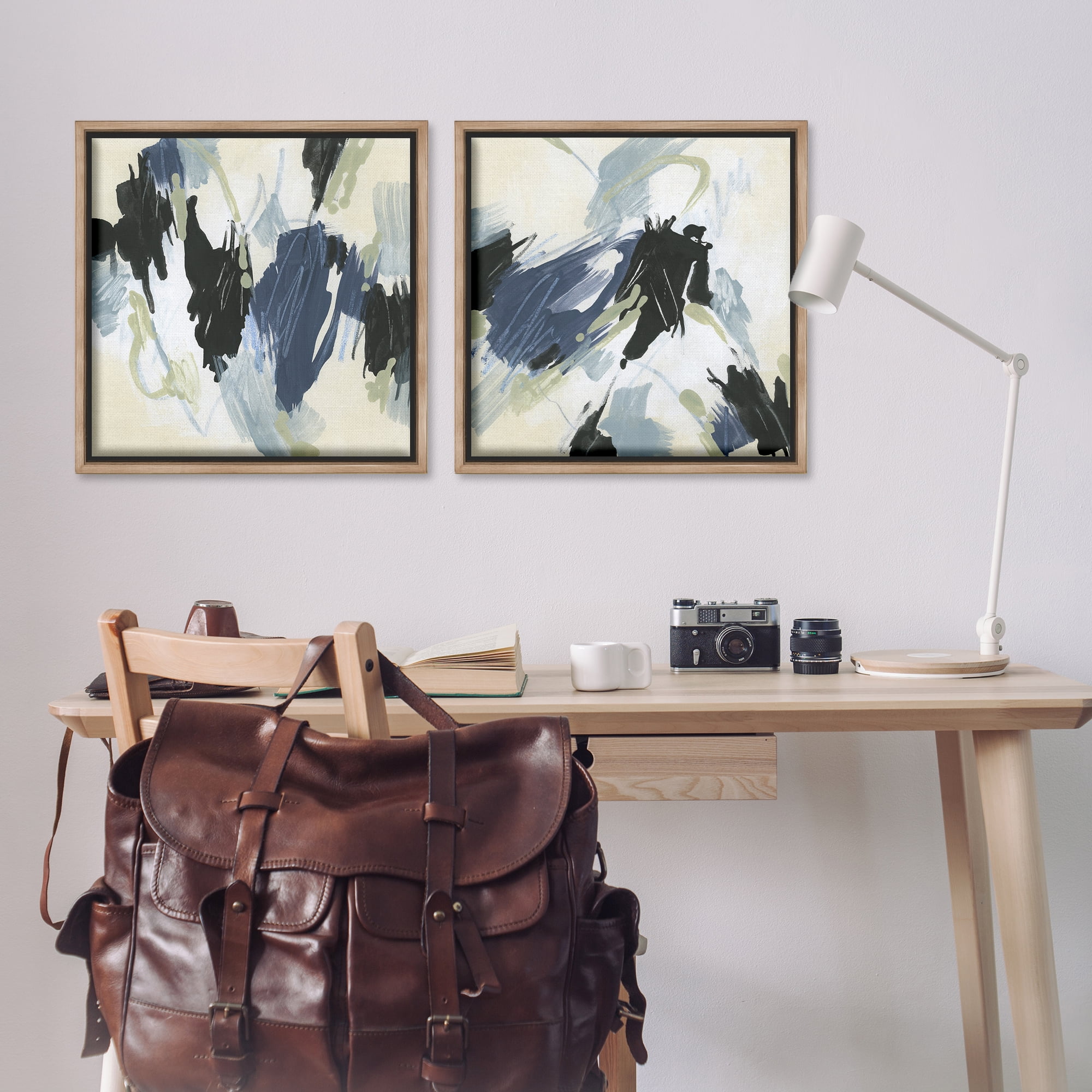 Stupell Industries Muted Blue Green Abstract Patches Abstract Painting Brown Floater Framed Canvas Art Print Wall Art, 25 x 25, Set of 2
