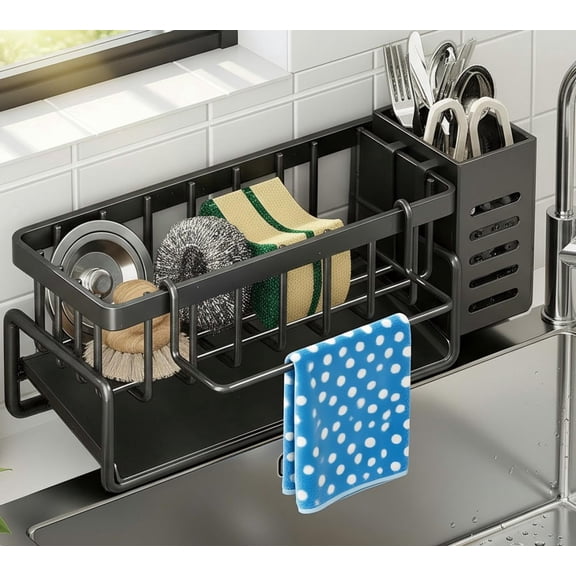 Sponge Holder for Kitchen Sink, Stainless Steel Sink Caddy Organization and Storage Essentials with High Brush Holder,Black